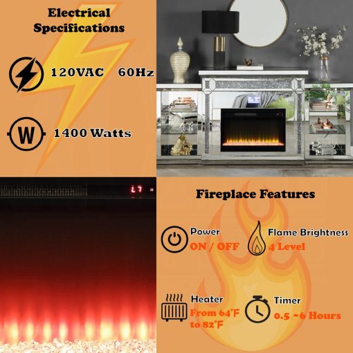 Acme Noralie Mirrored & Faux Diamonds Fireplace with LED & Bluetooth - Image 13