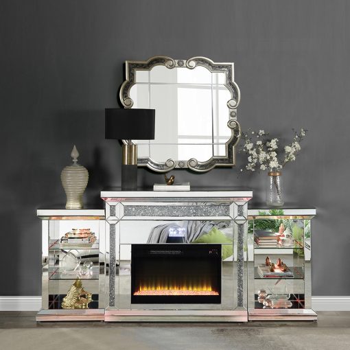 Acme Noralie Mirrored & Faux Diamonds Fireplace with LED & Bluetooth - Image 11