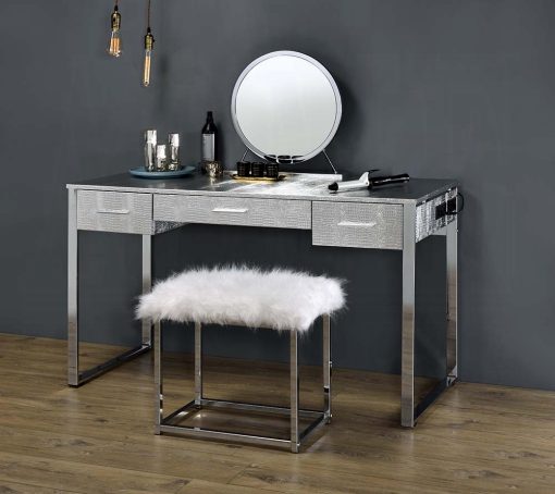 Acme Myles Antique White & Chrome Vanity Set with USB