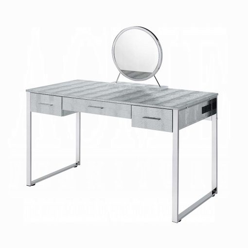 Acme Myles Antique White & Chrome Vanity Set with USB - Image 2