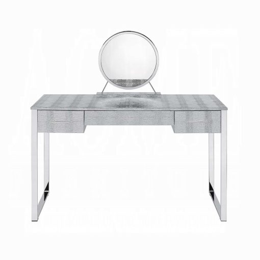 Acme Myles Antique White & Chrome Vanity Set with USB - Image 3