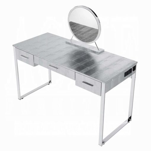 Acme Myles Antique White & Chrome Vanity Set with USB - Image 4