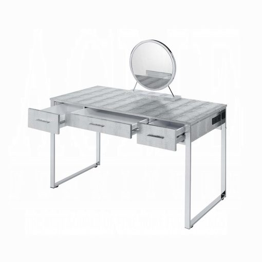 Acme Myles Antique White & Chrome Vanity Set with USB - Image 5