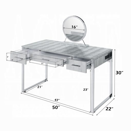 Acme Myles Antique White & Chrome Vanity Set with USB - Image 7