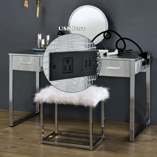 Acme Myles Antique White & Chrome Vanity Set with USB - Image 8