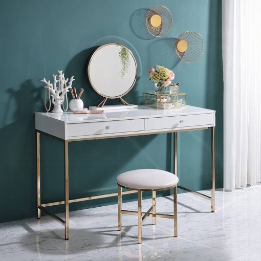 Acme Ottey White High Gloss & Gold Writing Desk (Same AC00899)