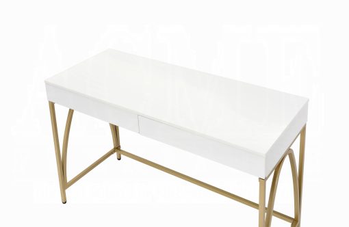 Acme Lightmane White High Gloss & Gold Vanity Desk (Same 92660) - Image 4