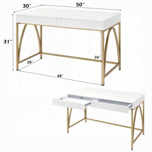 Acme Lightmane White High Gloss & Gold Vanity Desk (Same 92660) - Image 7