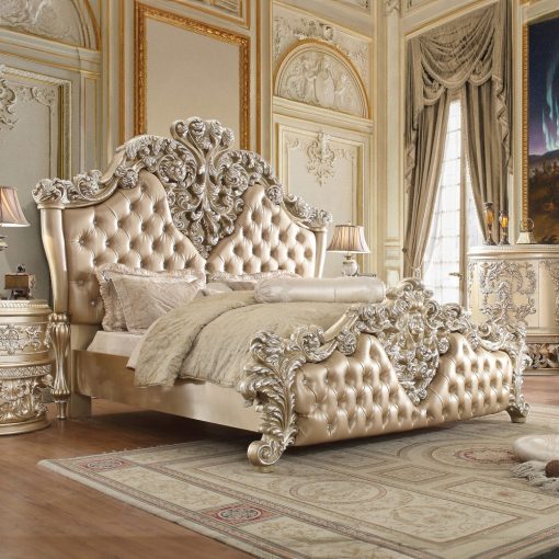 Acme Vatican Synthetic Leather Light Gold & Champagne Silver Eastern King Bed