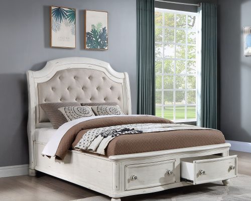 Acme Jaqueline Gray Linen & Antique White EK Bed with Storage