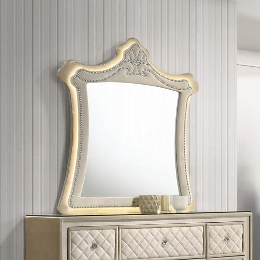 Acme Lucienne Beige Velvet Mirror with Led