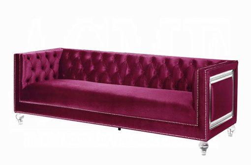 Acme Heibero Burgundy Velvet Sofa with 2 Pillows - Image 2