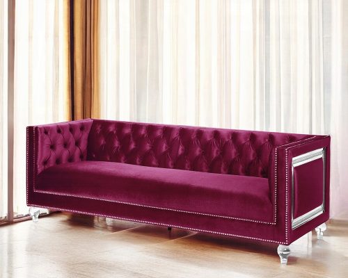 Acme Heibero Burgundy Velvet Sofa with 2 Pillows