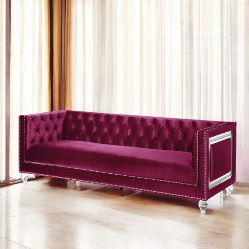 Acme Heibero Burgundy Velvet Sofa with 2 Pillows