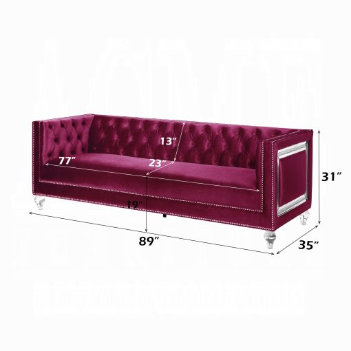 Acme Heibero Burgundy Velvet Sofa with 2 Pillows - Image 6