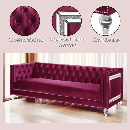 Acme Heibero Burgundy Velvet Sofa with 2 Pillows - Image 7