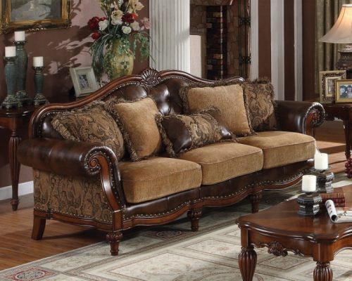 Acme Dreena Two Tone Brown Synthetic Leather & Chenille Cherry Sofa with 5 Pillows