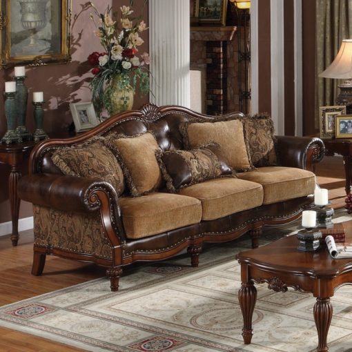 Acme Dreena Two Tone Brown Synthetic Leather & Chenille Cherry Sofa with 5 Pillows
