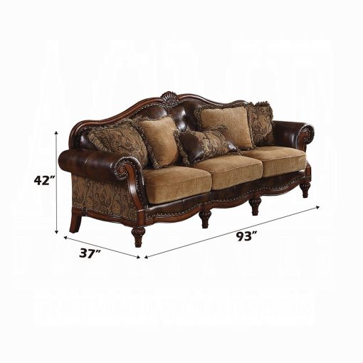 Acme Dreena Two Tone Brown Synthetic Leather & Chenille Cherry Sofa with 5 Pillows - Image 3