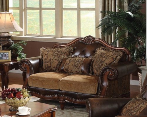 Acme Dreena Two Tone Brown Synthetic Leather & Chenille Cherry Loveseat with 3 Pillows