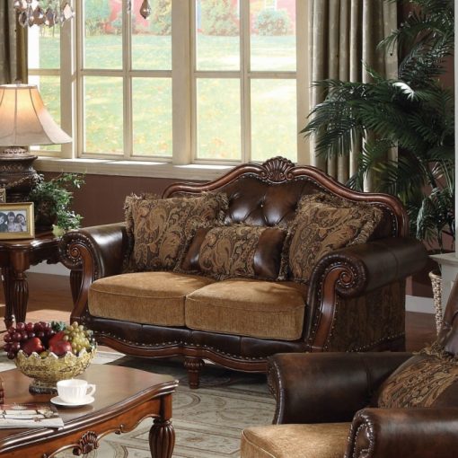 Acme Dreena Two Tone Brown Synthetic Leather & Chenille Cherry Loveseat with 3 Pillows