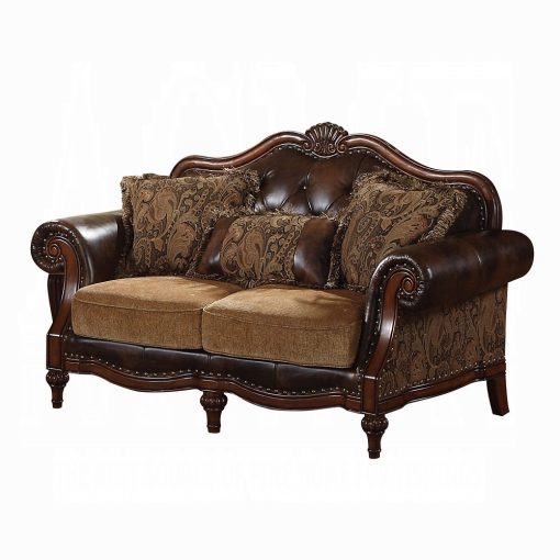 Acme Dreena Two Tone Brown Synthetic Leather & Chenille Cherry Loveseat with 3 Pillows - Image 2