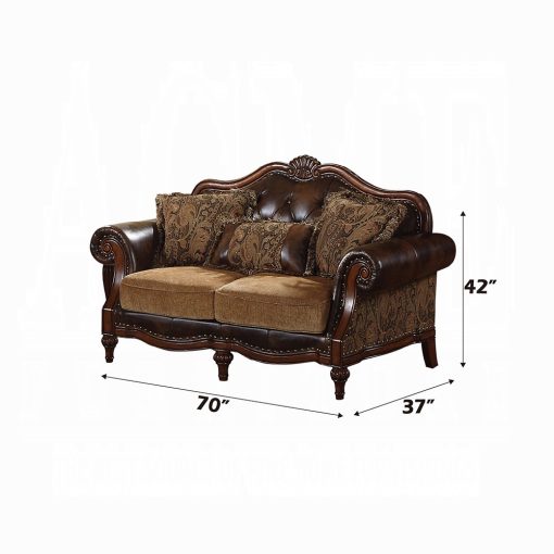 Acme Dreena Two Tone Brown Synthetic Leather & Chenille Cherry Loveseat with 3 Pillows - Image 3