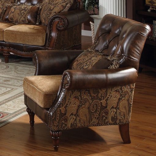 Acme Dreena Two Tone Brown Synthetic Leather & Chenille Cherry Chair with Pillow