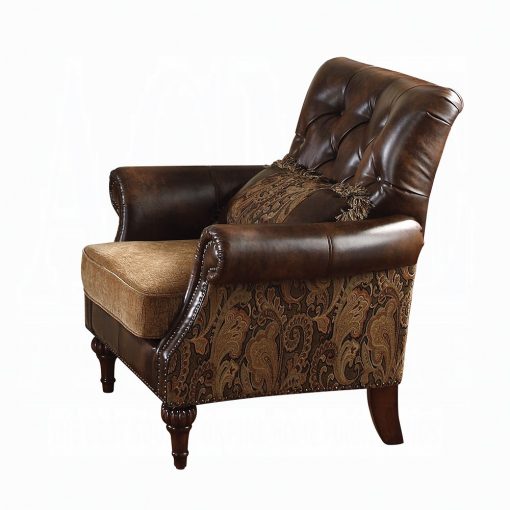 Acme Dreena Two Tone Brown Synthetic Leather & Chenille Cherry Chair with Pillow - Image 2