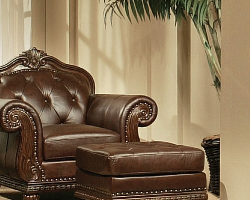 Acme Anondale Espresso Top Grain Leather Match & Cherry Ottoman