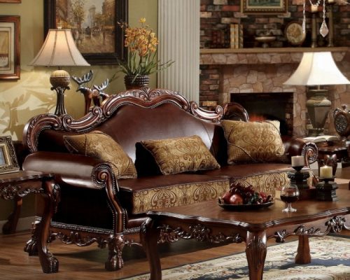 Acme Dresden Brown Synthetic Leather & Chenille, Cherry Oak Sofa with 3 Pillows