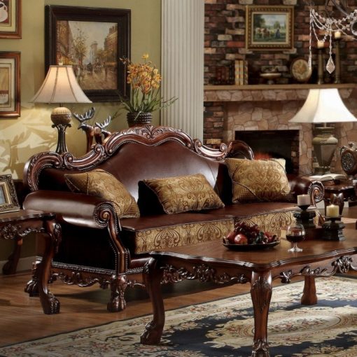 Acme Dresden Brown Synthetic Leather & Chenille, Cherry Oak Sofa with 3 Pillows