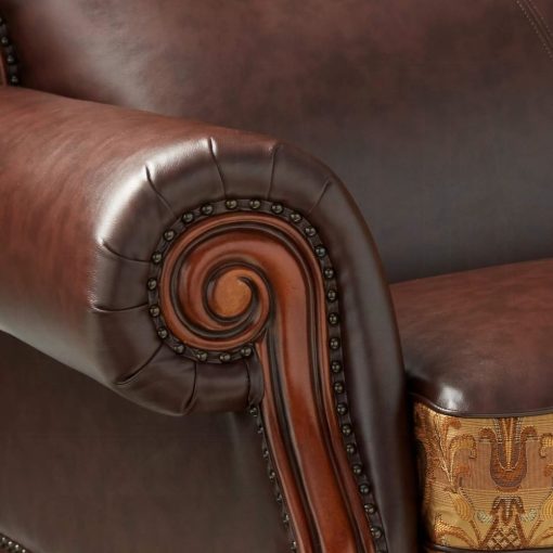 Acme Dresden Brown Synthetic Leather & Chenille, Cherry Oak Sofa with 3 Pillows - Image 5