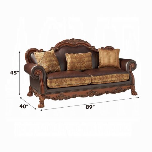 Acme Dresden Brown Synthetic Leather & Chenille, Cherry Oak Sofa with 3 Pillows - Image 4
