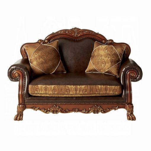Acme Dresden Brown Synthetic Leather & Chenille, Cherry Oak Loveseat with 2 Pillows - Image 2