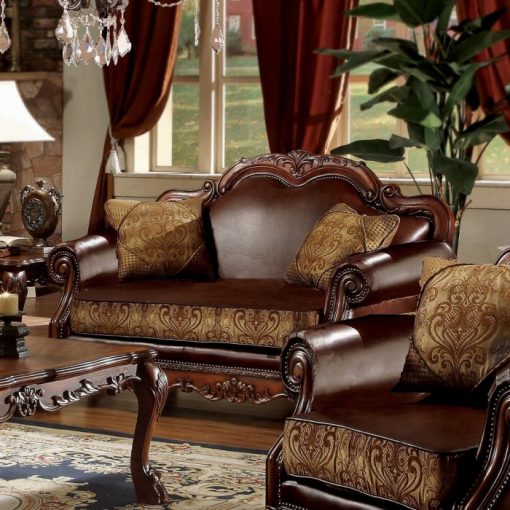 Acme Dresden Brown Synthetic Leather & Chenille, Cherry Oak Loveseat with 2 Pillows