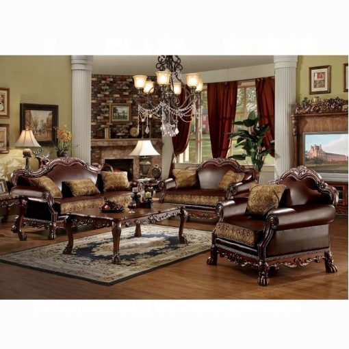 Acme Dresden Brown Synthetic Leather & Chenille, Cherry Oak Loveseat with 2 Pillows - Image 4