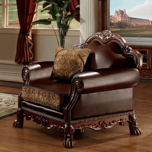 Acme Dresden Brown Synthetic Leather & Chenille, Cherry Oak Chair with Pillow