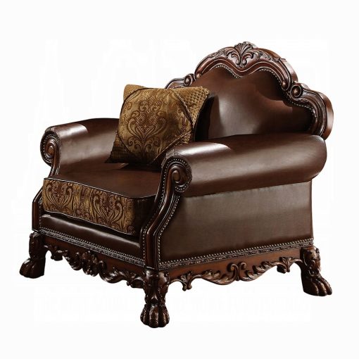 Acme Dresden Brown Synthetic Leather & Chenille, Cherry Oak Chair with Pillow - Image 2