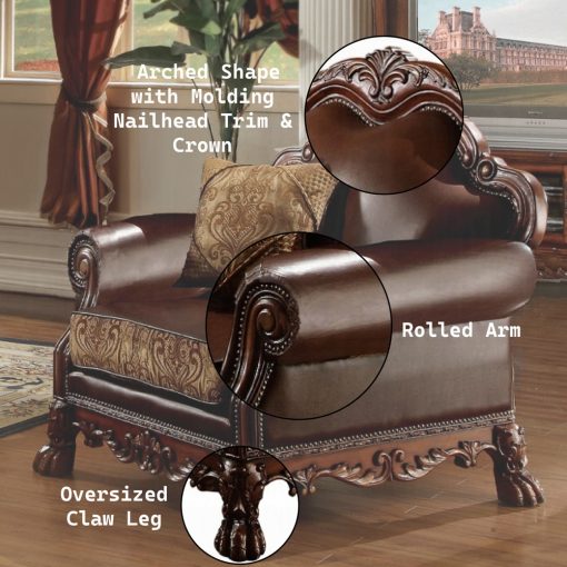 Acme Dresden Brown Synthetic Leather & Chenille, Cherry Oak Chair with Pillow - Image 6