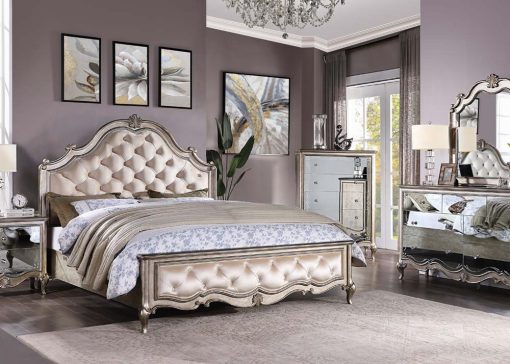 Acme Esteban Ivory Velvet & Antique Champagne Eastern King Bed