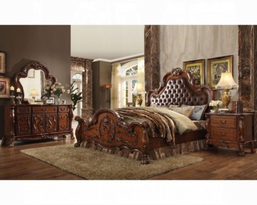 Acme Dresden Cherry Synthetic Leather & Cherry Oak Bed