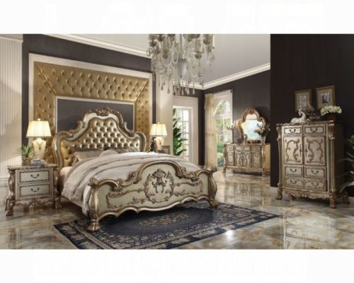Acme Dresden Bone Synthetic Leather & Gold Patina Bed