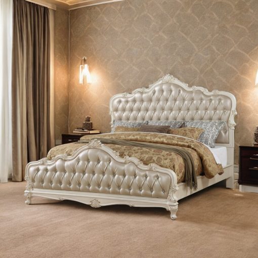 Acme Chantelle Rose Gold Synthetic Leather & Pearl White Bed