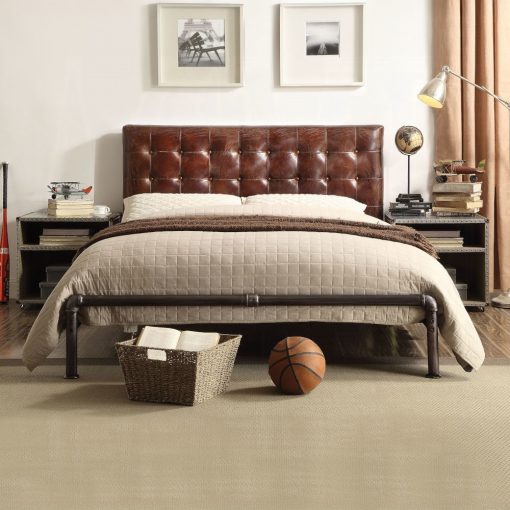 Acme Brancaster Vintage Brown Top Grain Leather Queen Bed