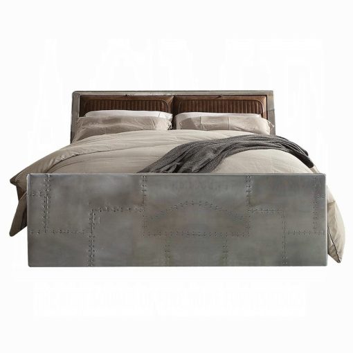 Acme Brancaster Retro Brown Top Grain Leather & Aluminum Queen Bed - Image 2
