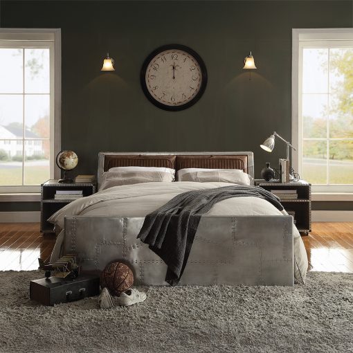 Acme Brancaster Retro Brown Top Grain Leather & Aluminum Queen Bed