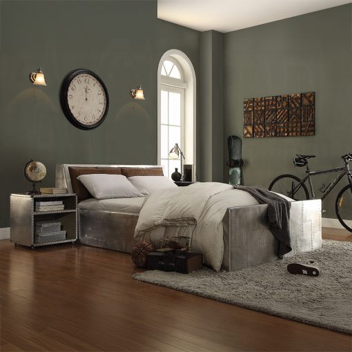 Acme Brancaster Retro Brown Top Grain Leather & Aluminum Queen Bed - Image 5