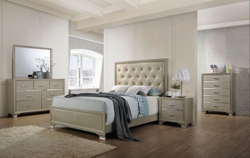 Acme Carine Synthetic Leather & Champagne Queen Bed