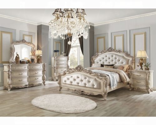 Acme Gorsedd Fabric & Golden Ivory Bed
